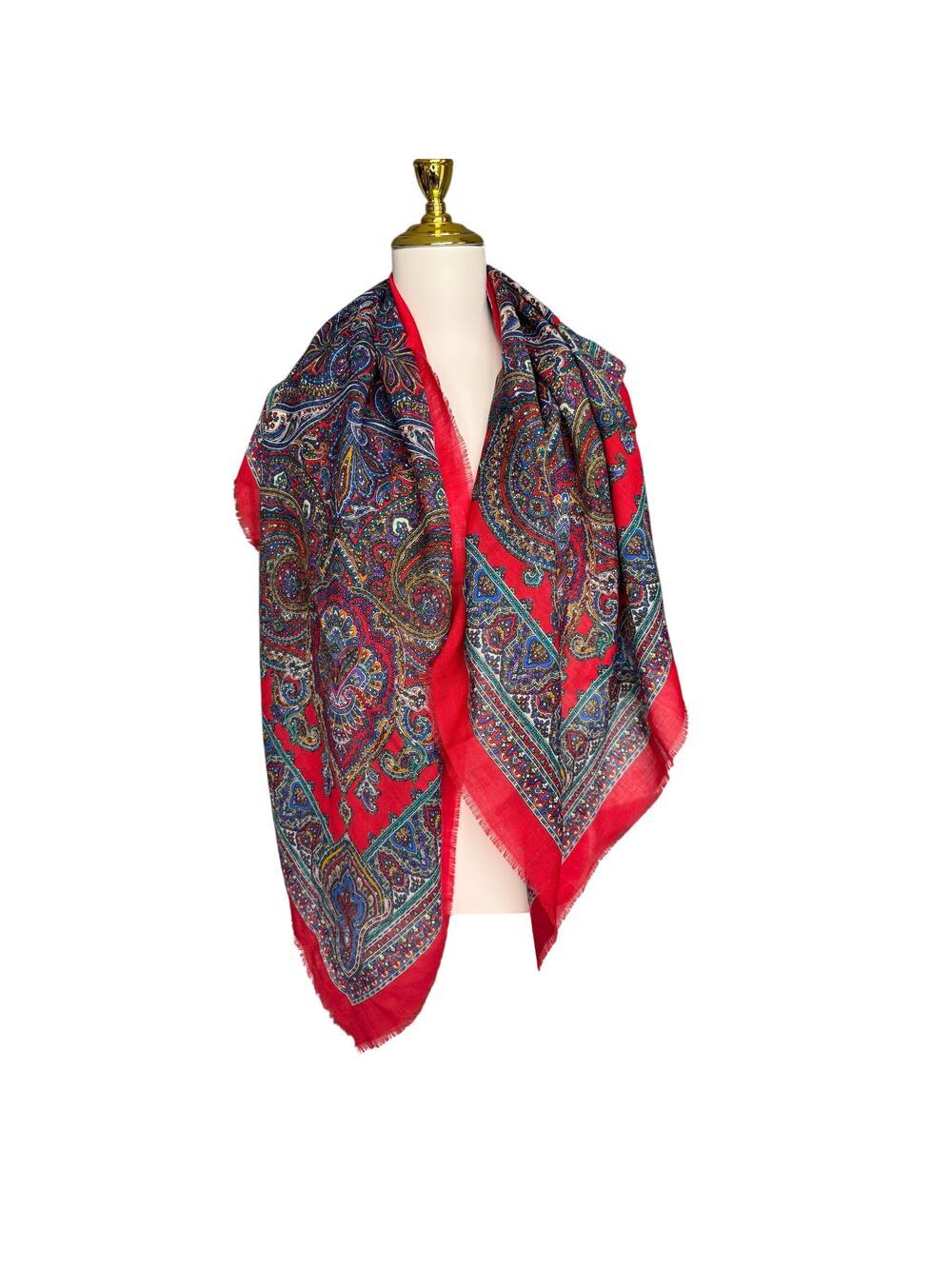 Vintage Specialty House Pure Wool Paisley Red Square Scarf Wrap Made in Italy